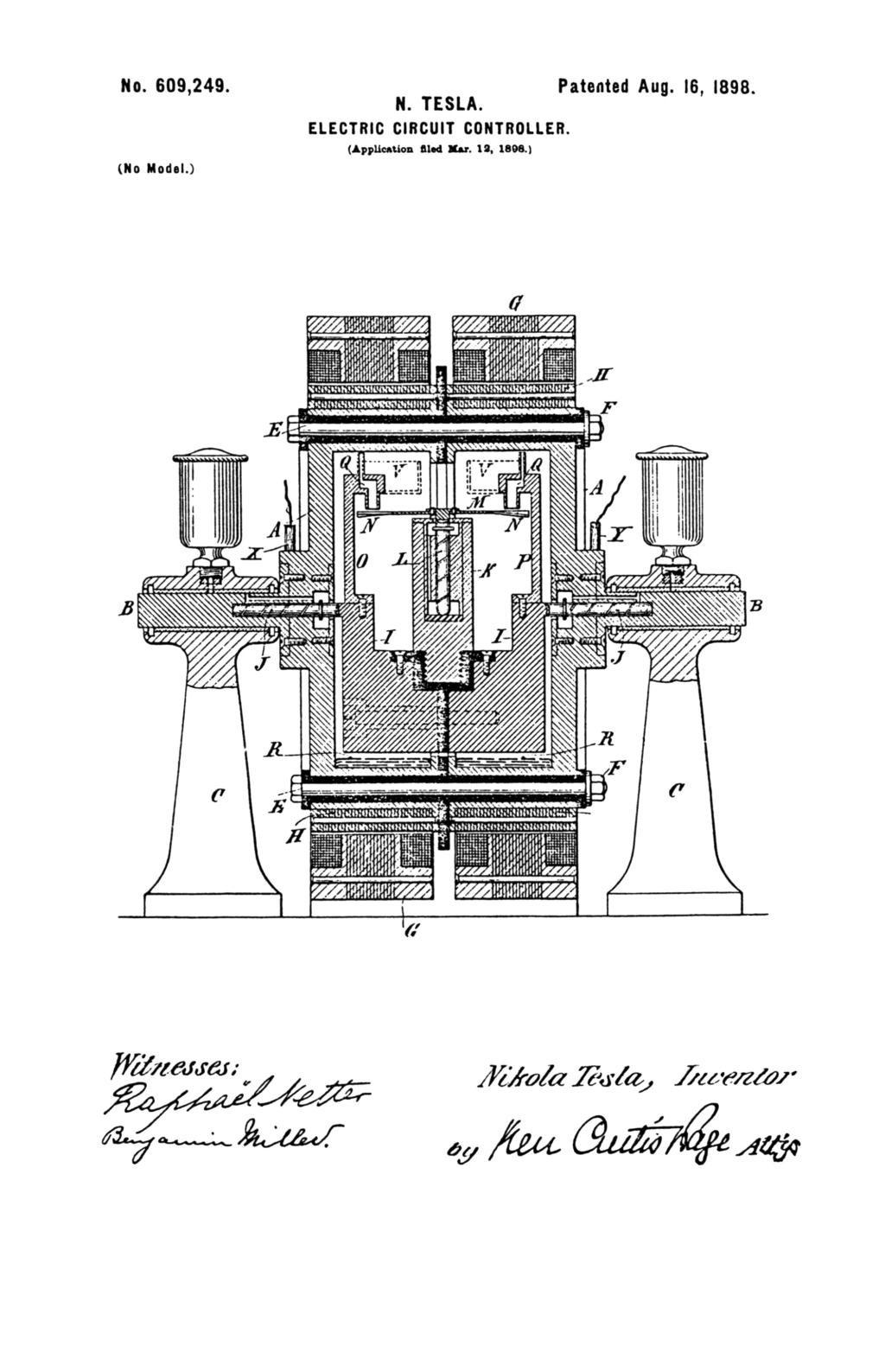 Nikola Tesla U.S. Patent 609,249 - Electric Circuit Controller - Image 1